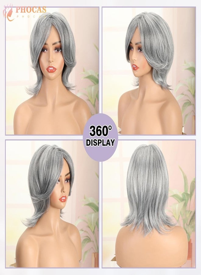 PHOCAS Grey Short Bob Wig Synthetic Layered Silver Gray Wigs with Wavy End Realistic Salt and Pepper Wigs for Women Natural Middle Part Wolf Cut Wig for Daily Use - 10" shoulder length - Image 2